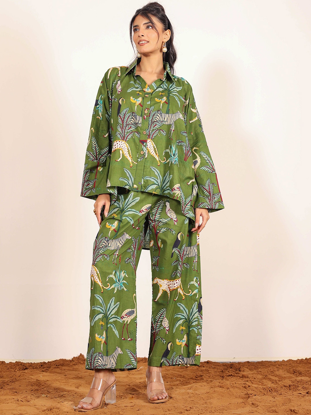

KAORI BY SHREYA AGARWAL Printed Pure Cotton Shirt & Trouser Co-Ord Set, Green