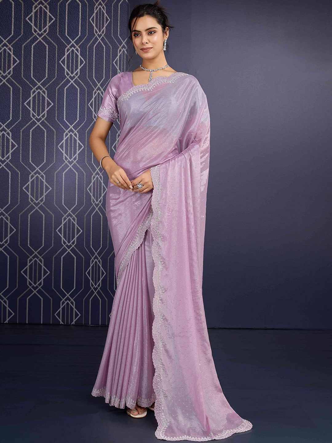 

Peachmode Floral Beads and Stones Pure Georgette Saree, Pink
