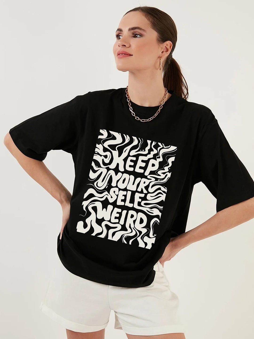 

RAYACLOSET Women Printed Extended Sleeves Pockets T-shirt, Black