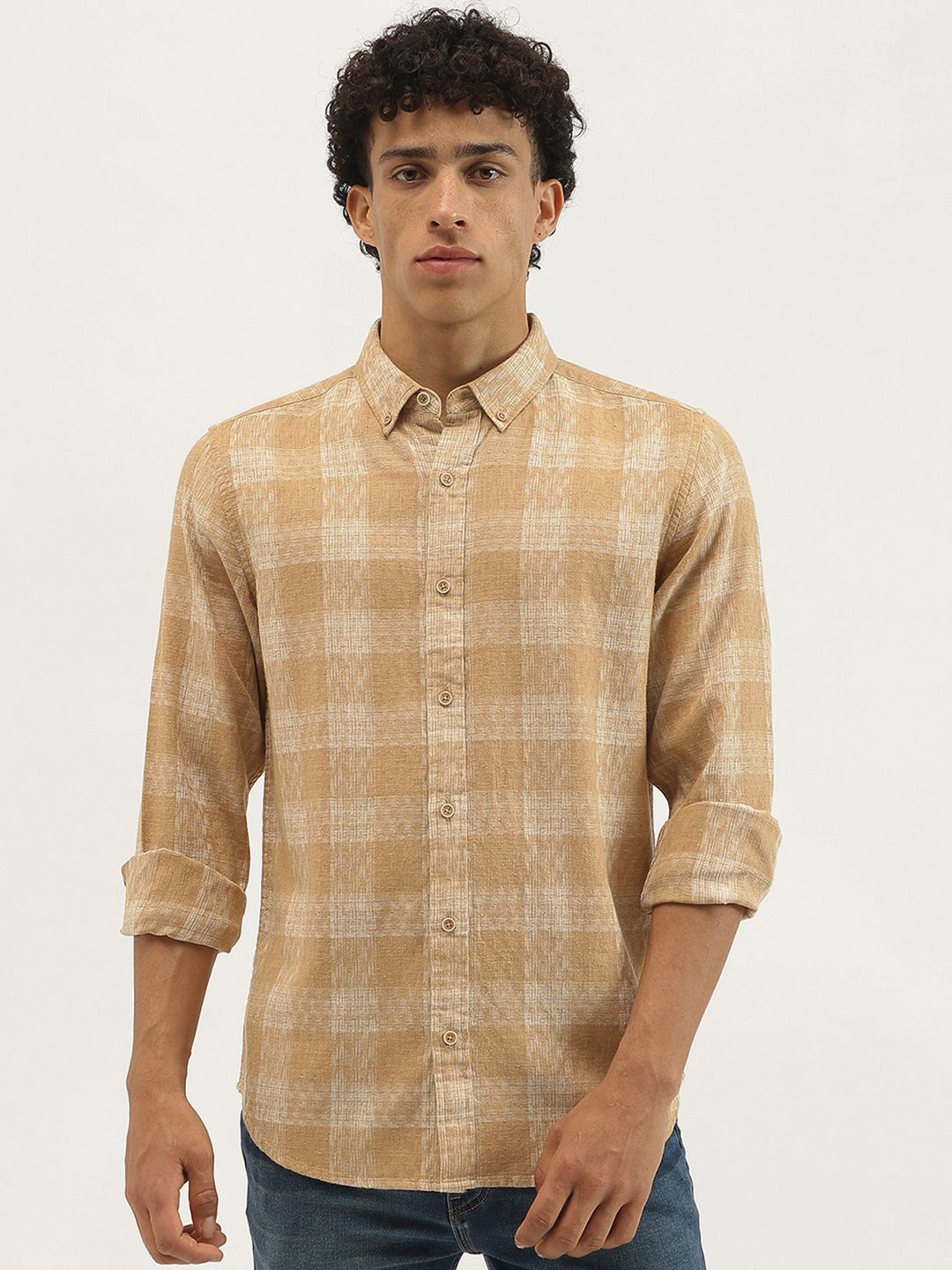 

United Colors of Benetton Men Opaque Checked Casual Shirt, Beige