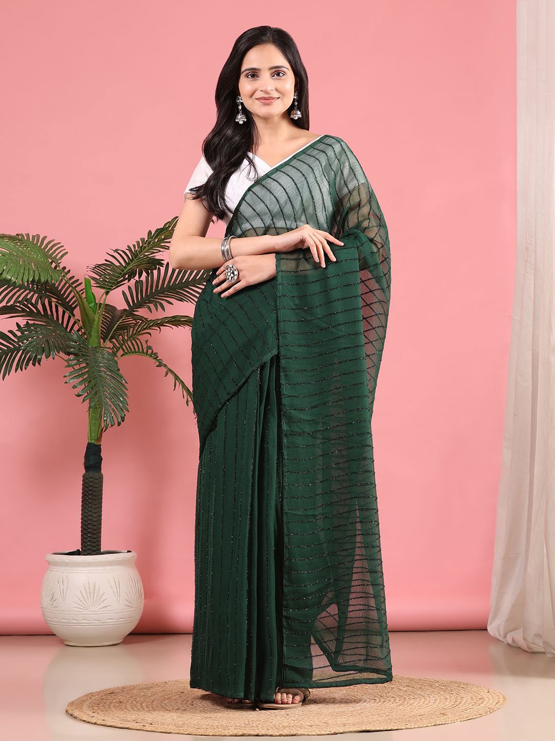 

Pionex Embellished Poly Chiffon Ready to Wear Saree, Green