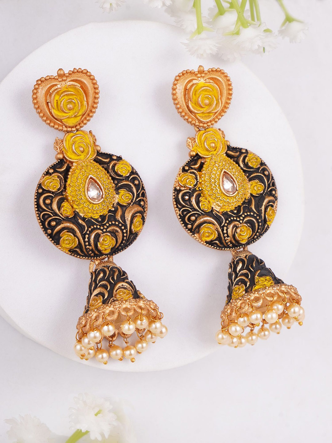 

Adwitiya Collection Gold Plated Artificial Stone Studded Dome Shaped Drop Earrings, Mustard
