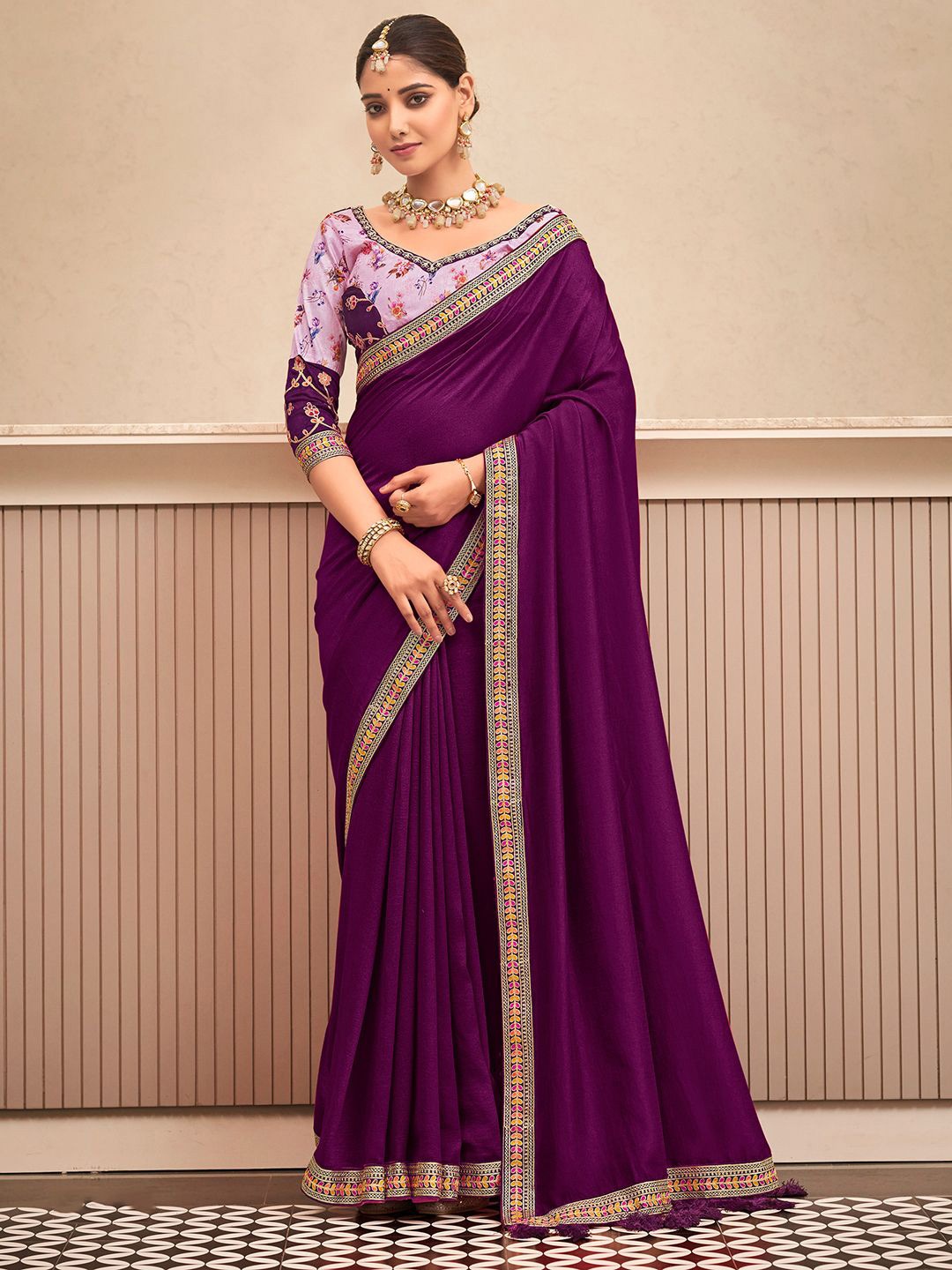 

LeeliPeeri Designer Embellished Embroidered Silk Blend Saree, Purple