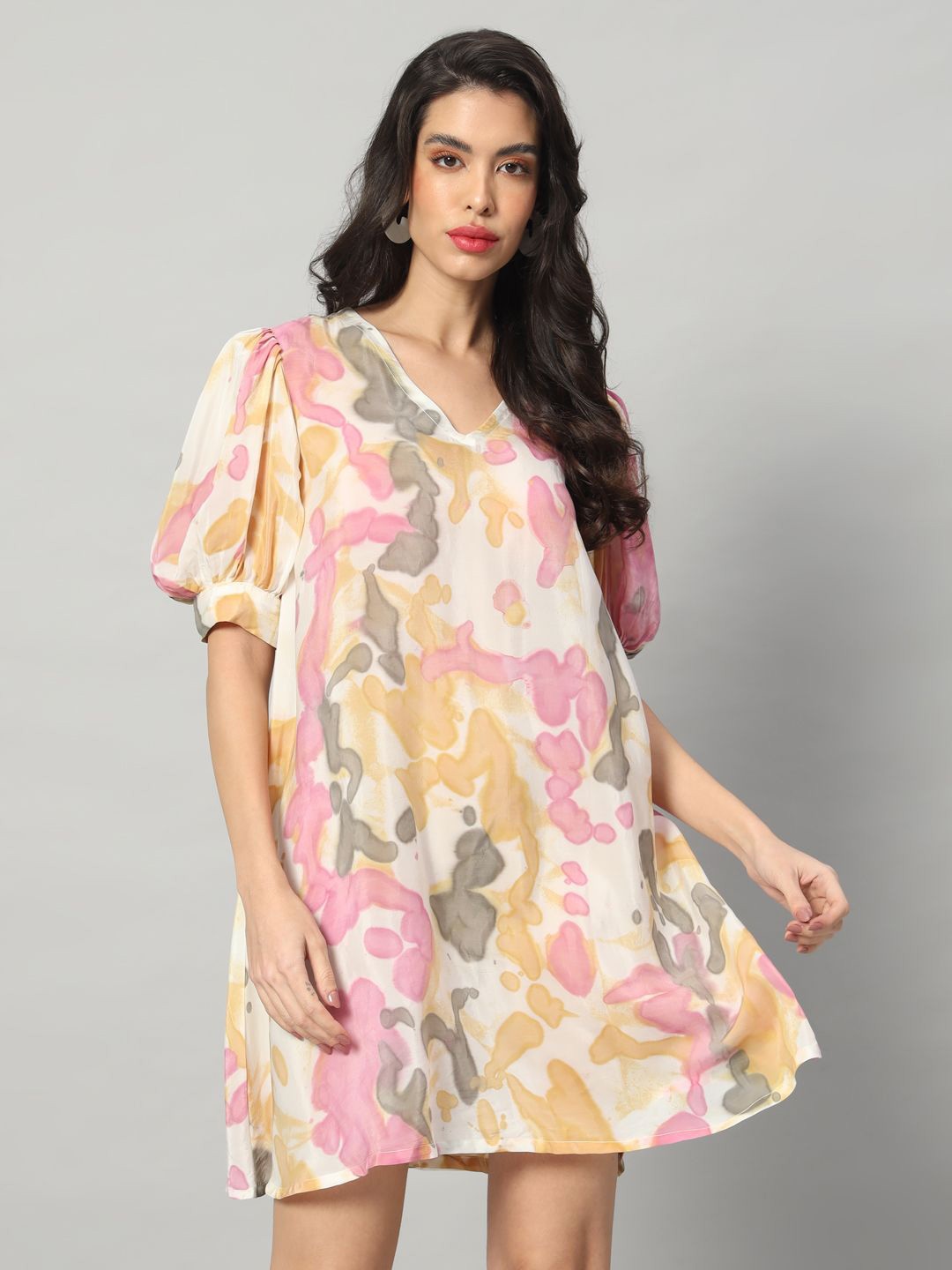

BRIJAL LAD Tie and Dye Printed Puff Sleeve Crepe A-Line Mini Dress, White