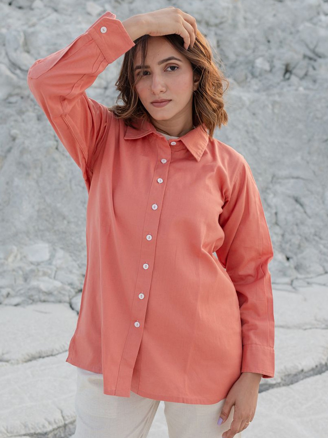 

Babli Women Comfort Relaxed Fit Spread Collar Solid Cotton Casual Shirt, Peach