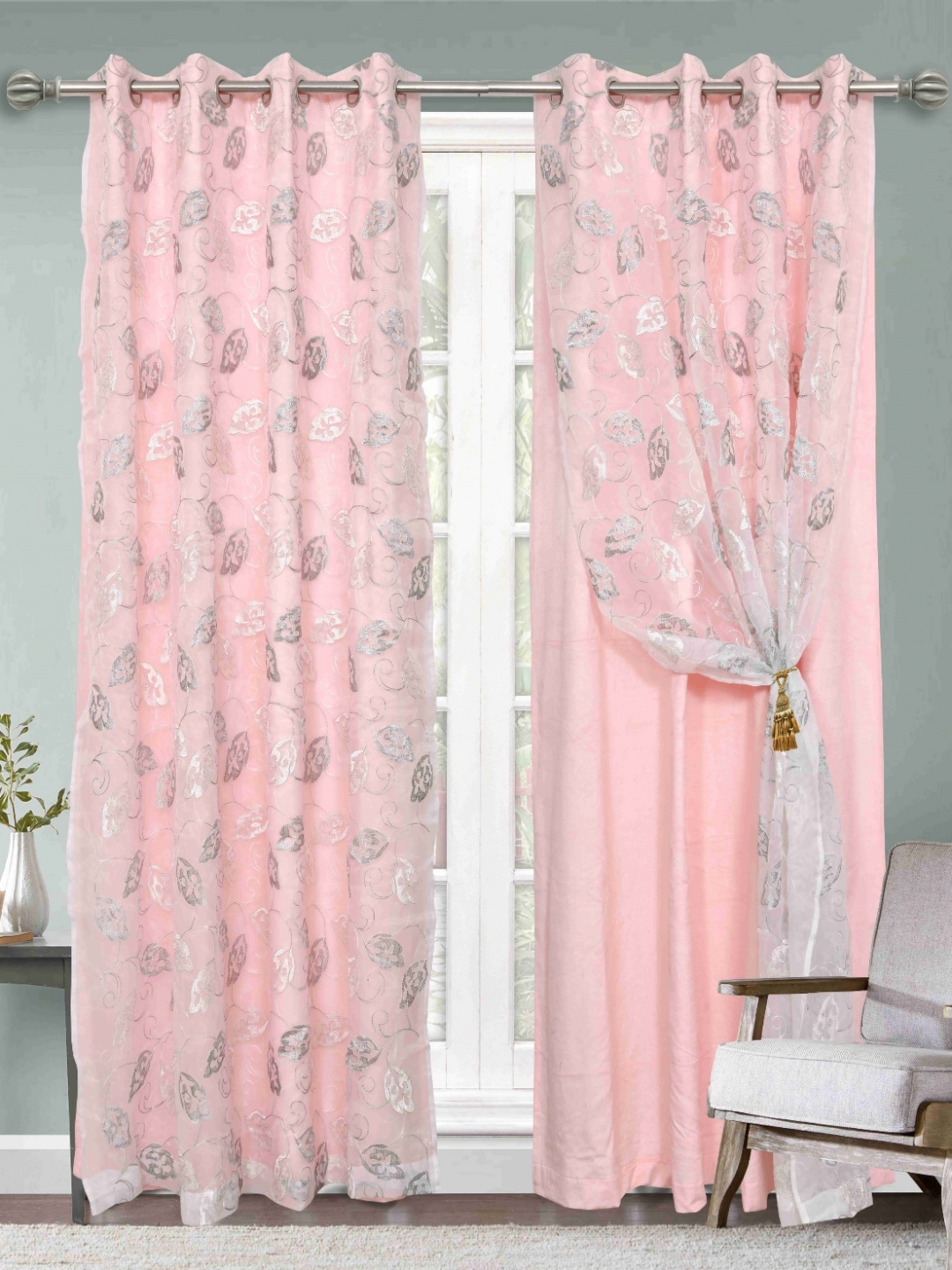 

Aura Pink And Grey 2 Pieces Embroidered Long Door Rod Pocket Velvet Curtains