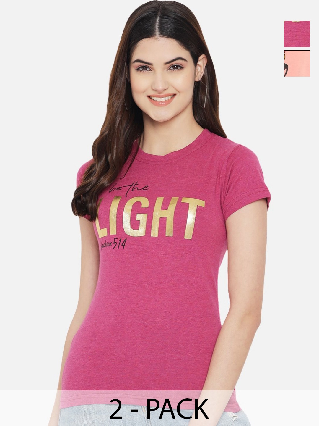 

Dreambe Women Pack Of 2 Graphic Printed Round Neck Cotton T-shirts, Pink