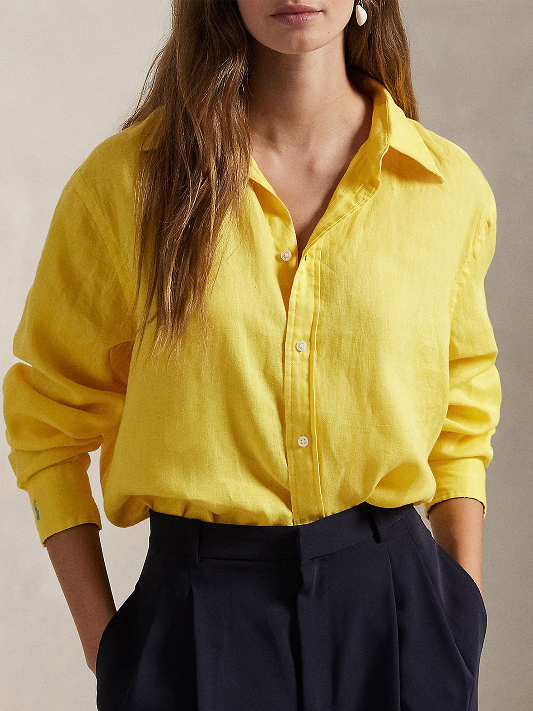 

Polo Ralph Lauren Women Spread Collar Solid Linen Casual Shirt, Yellow