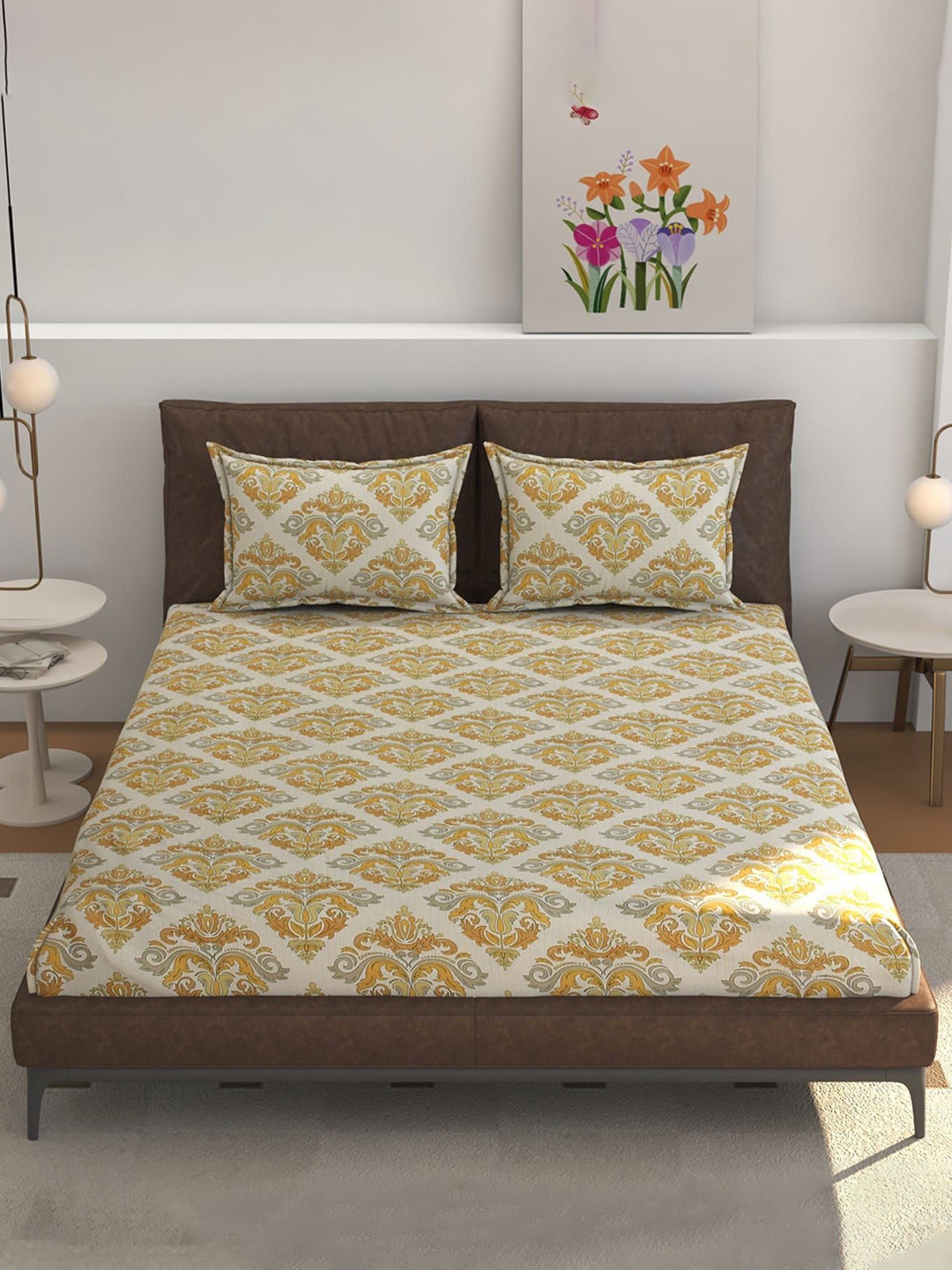 

CLIO'S HERITAGE STORE Yellow Geometric 210 TC Queen Fitted Bedsheet Set 1.77 m x 1.82 m