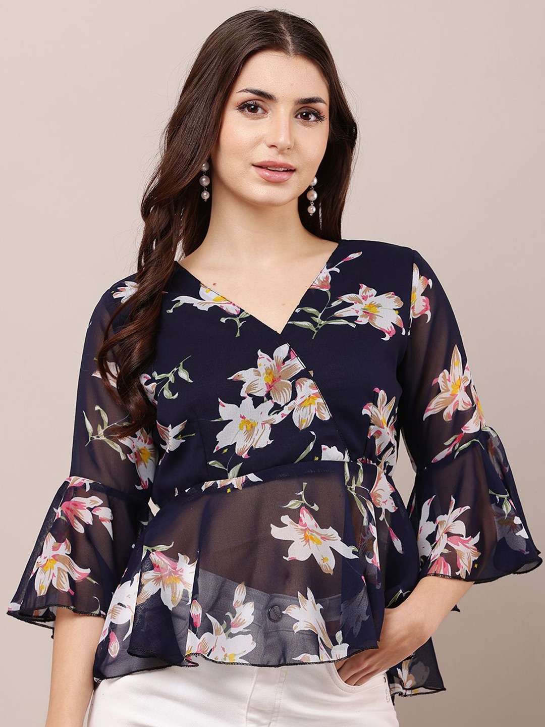 

Raabta Fashion Floral Print Bell Sleeve Georgette Top, Black