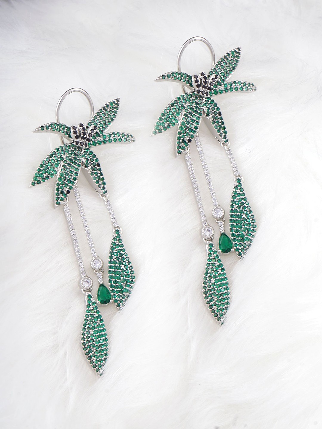 

Adwitiya Collection Rhodium Plated AD Stone Studded Floral Shape Drop Earrings, Green