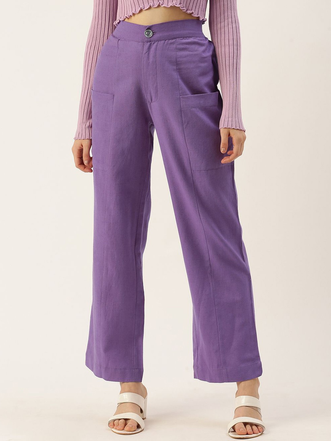 

VYMO Women Cotton Straight fit High-Rise Trousers, Purple