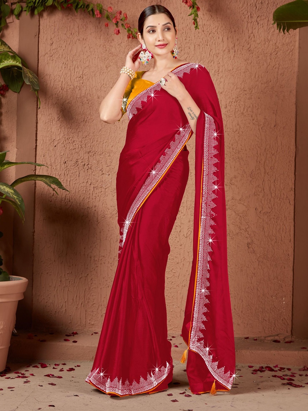 

PAYAL CREATION Floral Pure Georgette Maheshwari Saree, Red