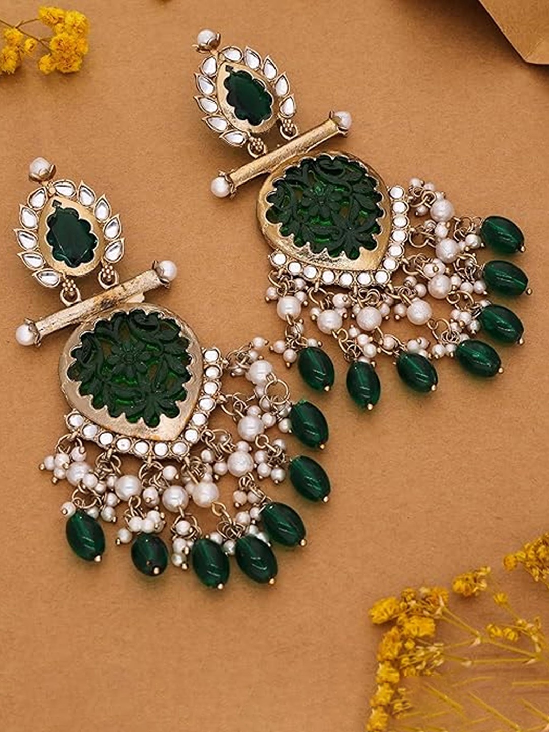 

MADDY SPACE Gold-Plated Artificial Stones Studded And Beaded Drop Earrings, Green