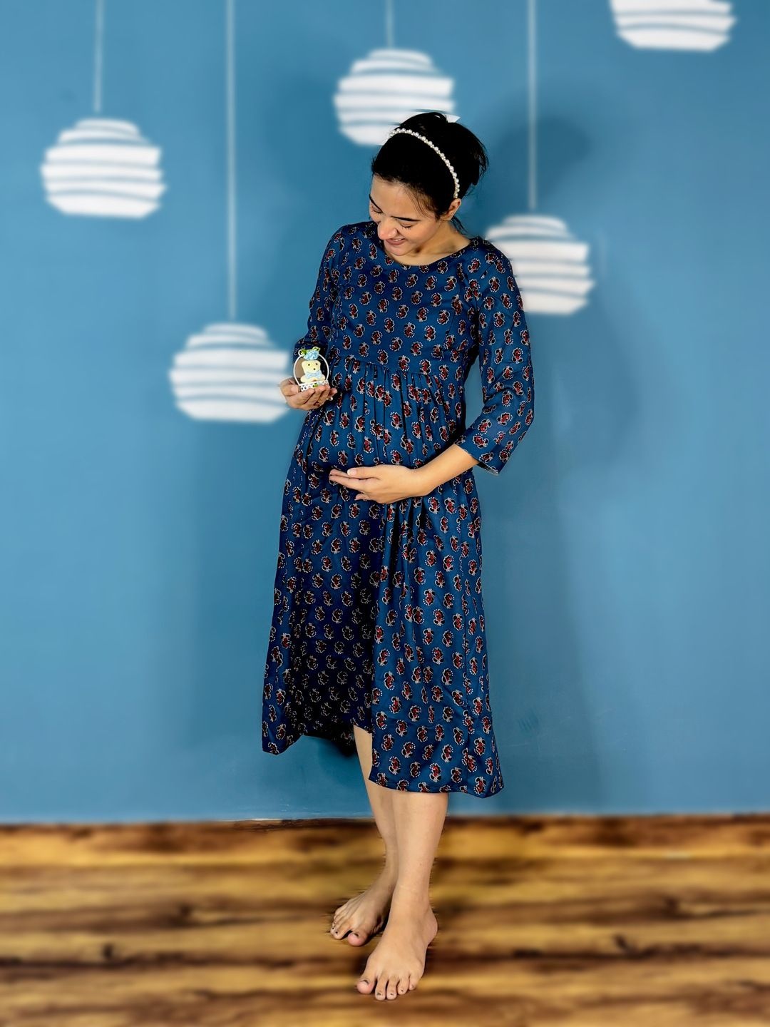 

SWEET MOON Printed Round Neck Maternity Ethnic Dresses, Navy blue