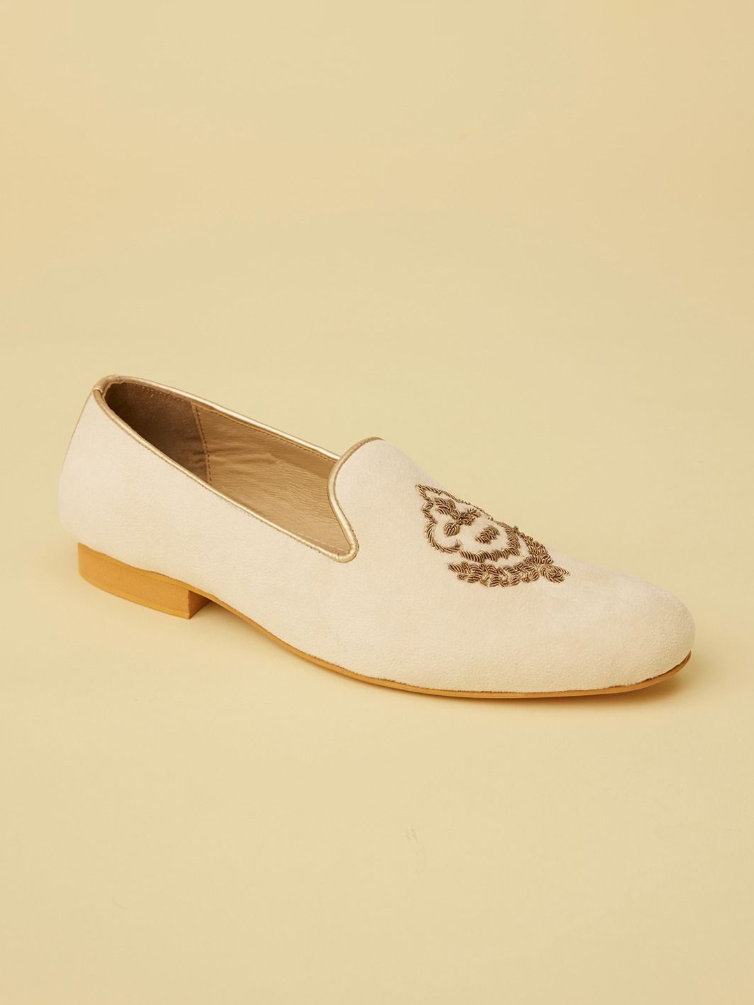 

Manyavar Men Diamond Patterned Loafer Style Shoes, Cream