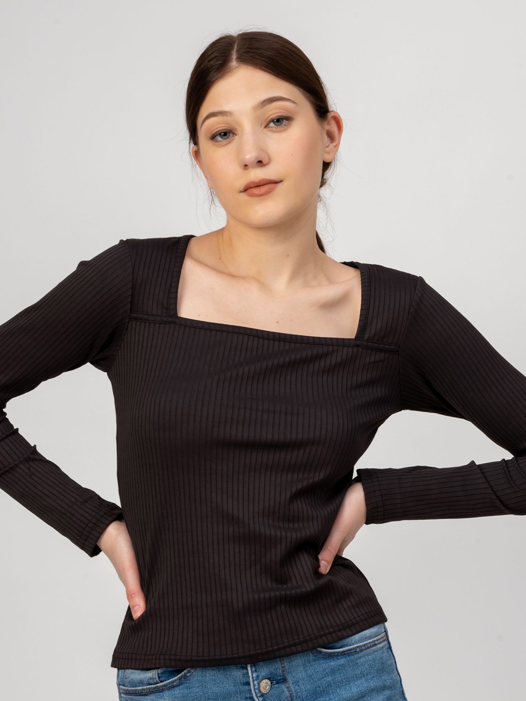 

PYR8 Women Ribbed Ribbed Square Neck Top, Black