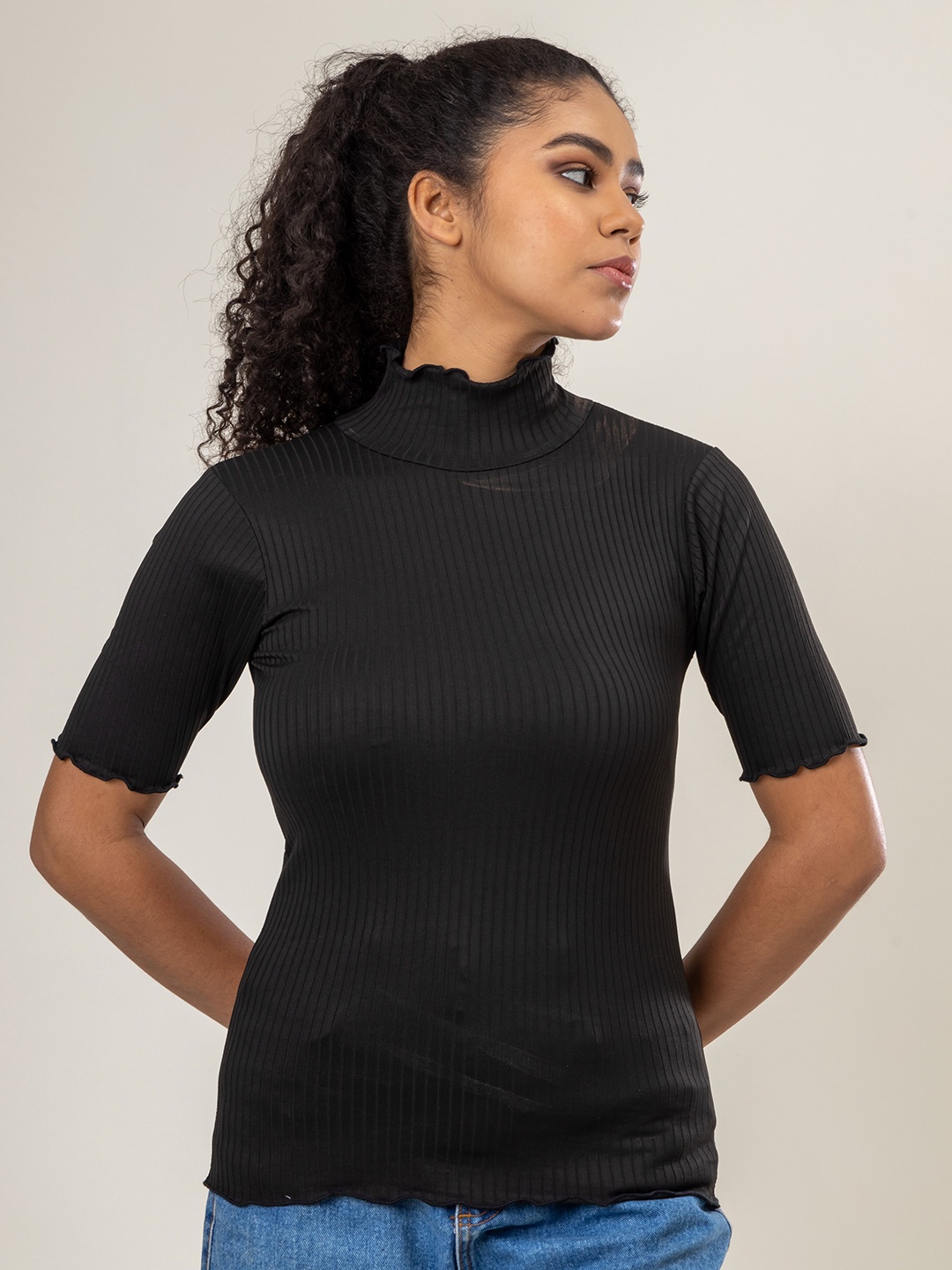 

PYR8 Women Ribbed Babylock High Neck Fitted Top, Black