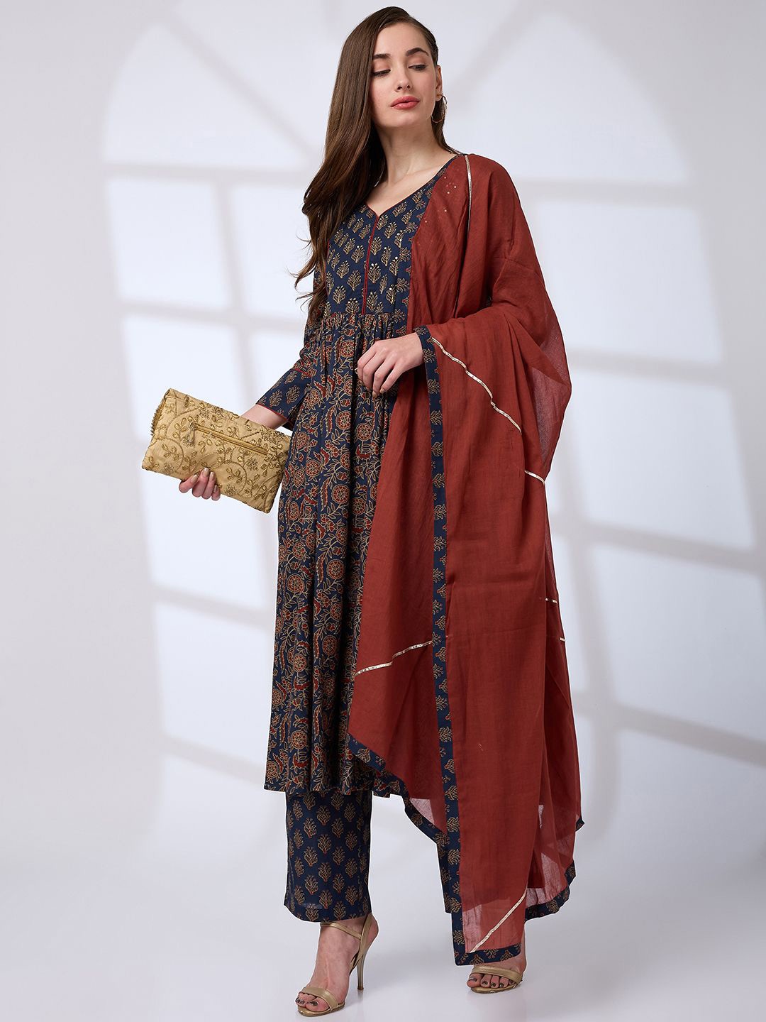 

Globus V-Neck Floral Print Sequin A-Line Kurta With Pant & Gotta Lace Dupatta Workwear Set, Navy blue