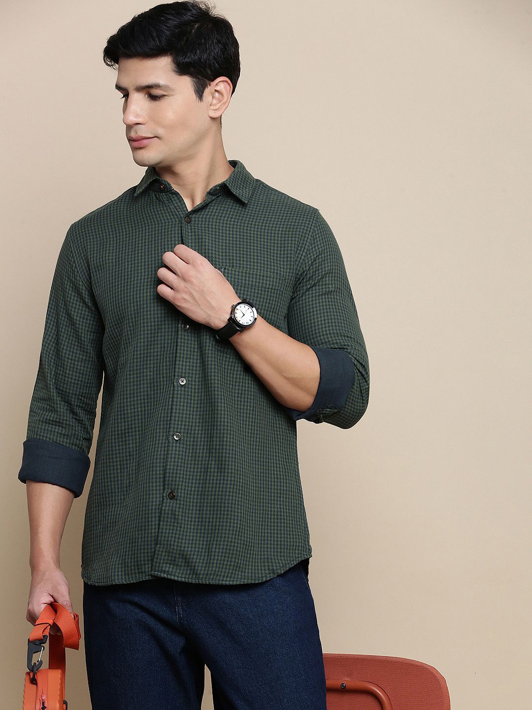 

INVICTUS Men Sport Slim Fit Spread Collar Gingham Checked Cotton Casual Shirt, Green