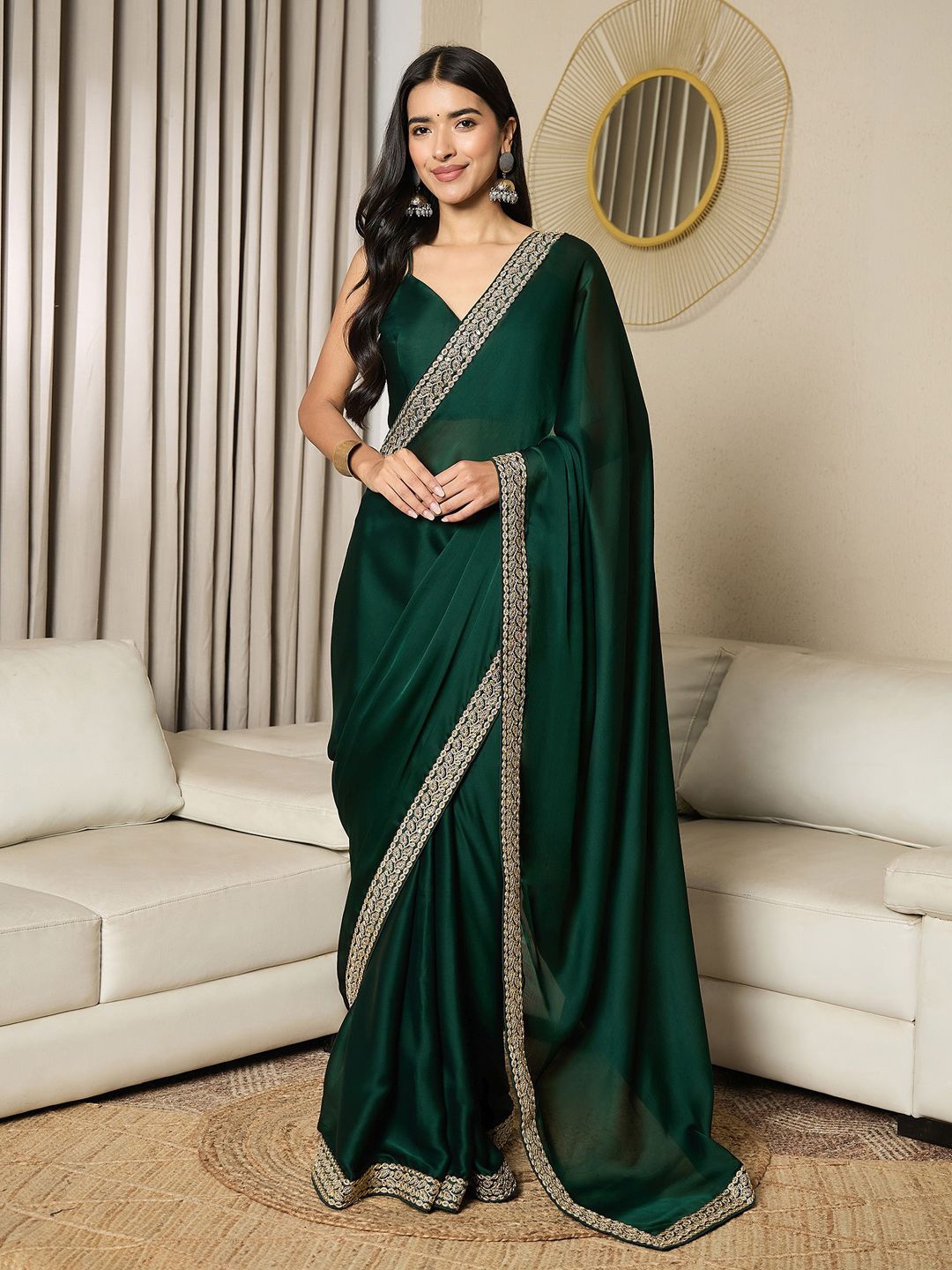 

Mitera Satin Embroidered Ready to Wear Saree, Green