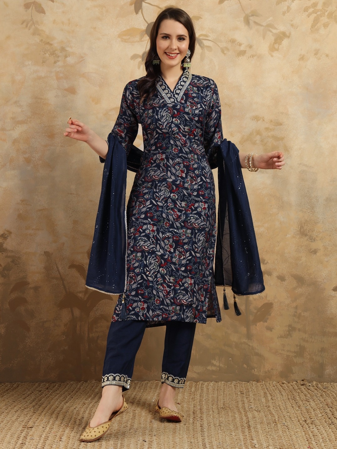 

ZIBLON Floral Printed Pure Silk V-Neck Kurta With Trousers And Dupatta, Blue