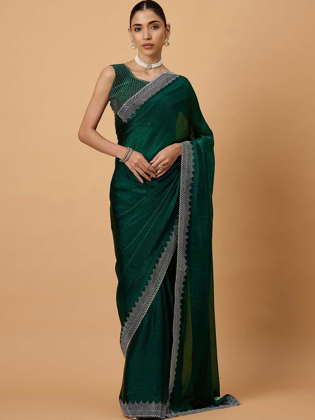 

all about you Beads and Stones Pure Chiffon Saree, Green