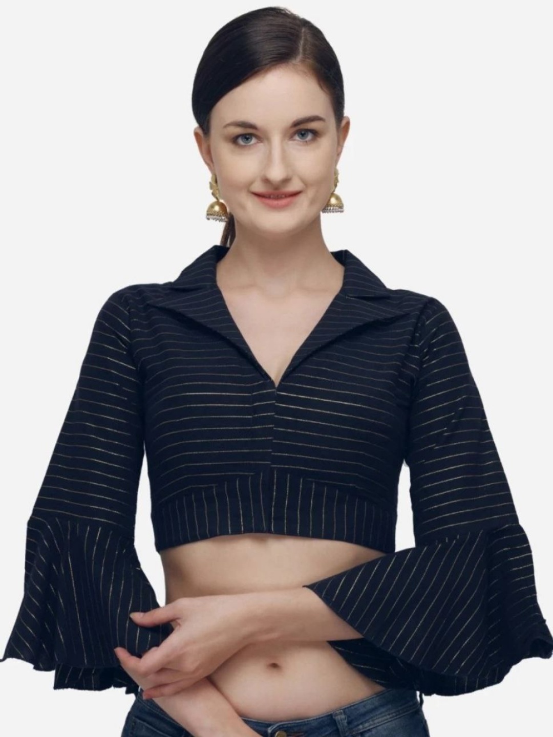 

HERE&NOW Shirt Collar Saree Blouse, Navy blue