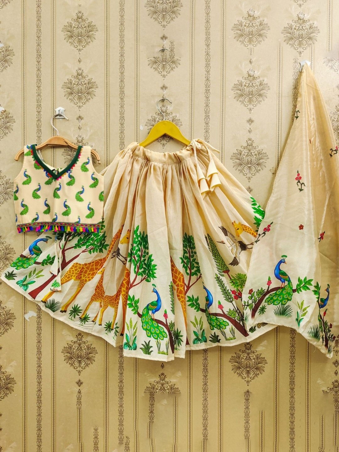

JOVK DESIGN Girls Printed V-Neck Silk Ready to Wear Lehenga & Blouse With Dupatta, Cream