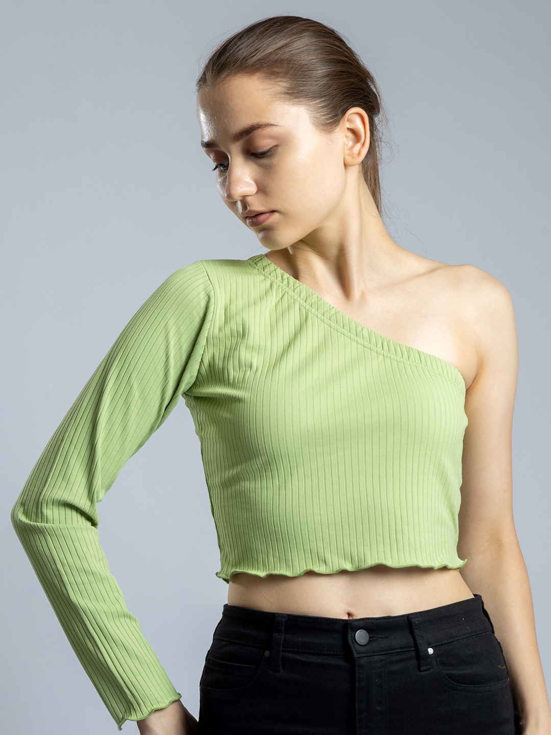 

PYR8 Women Ribbed Ribbed One Shoulder Top, Green
