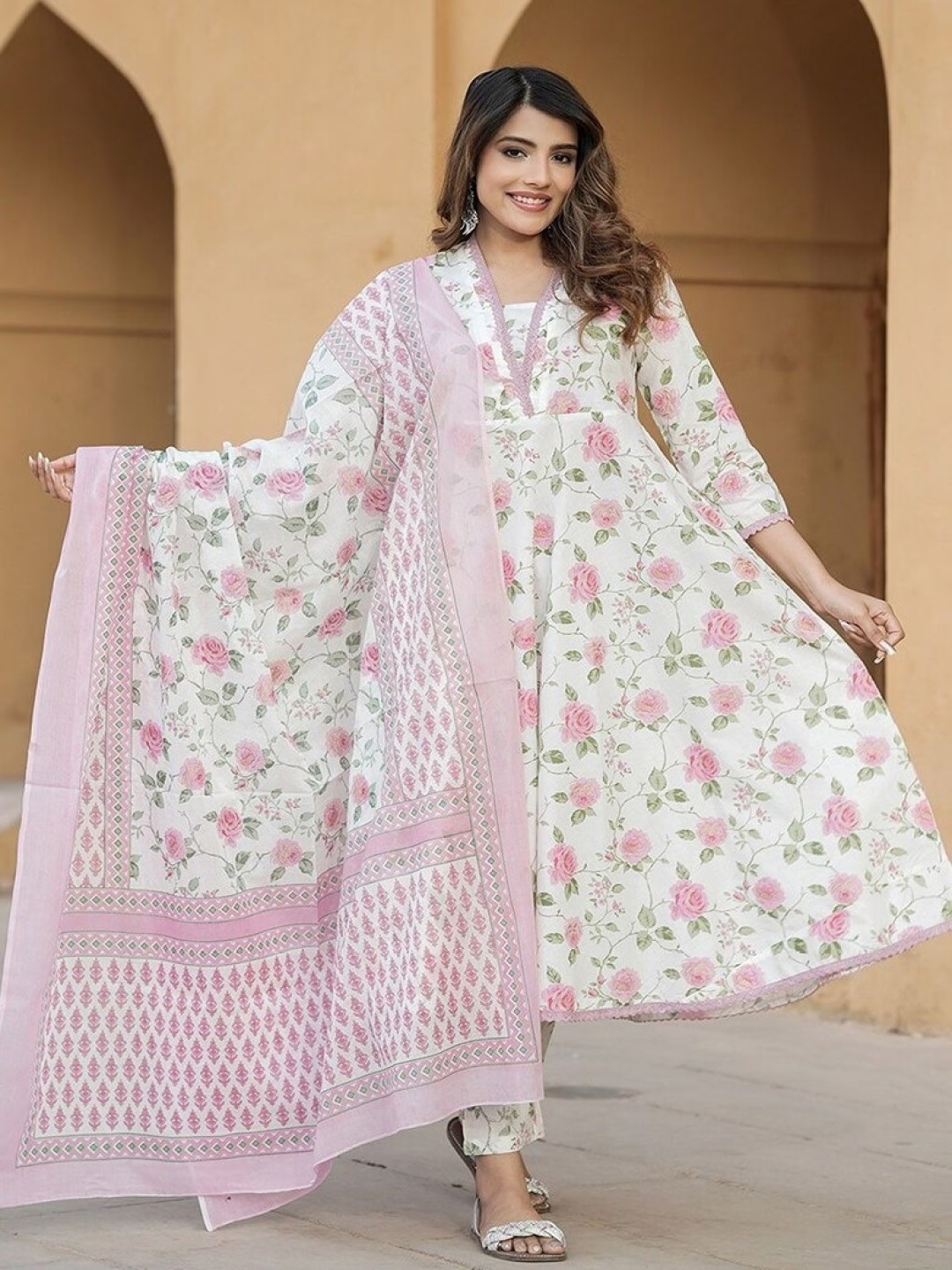 

Anouk Pink Floral Printed V-Neck Anarkali Kurta With Trousers & Dupatta, White