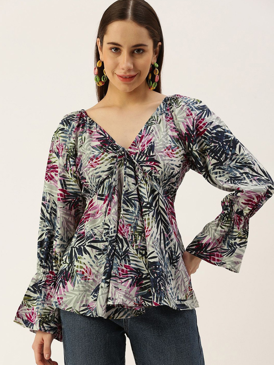 

VYMO Women Tropical Printed Peplum Top, White