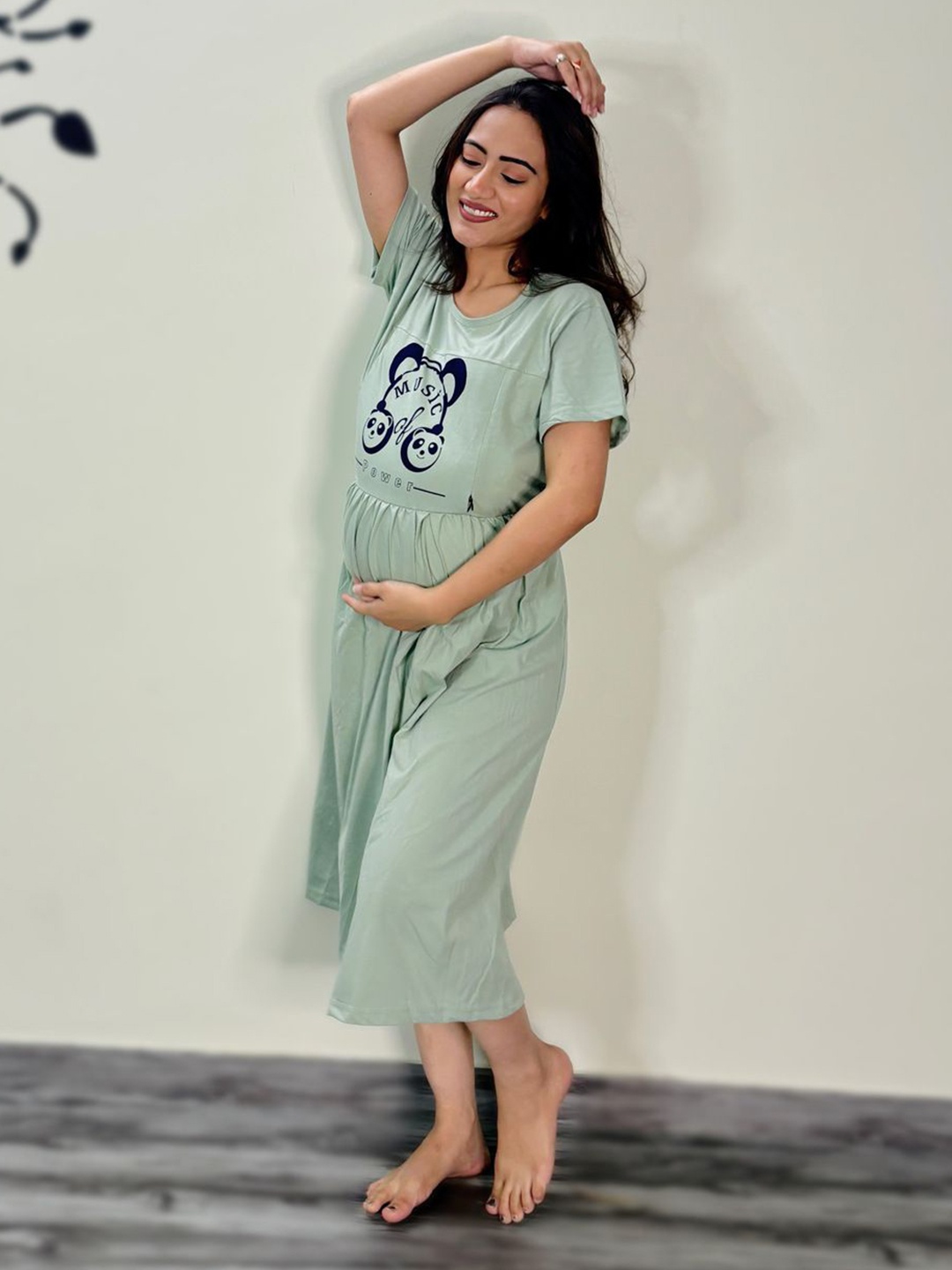 

SWEET MOON Printed Round Neck Maternity Nightdress, Green