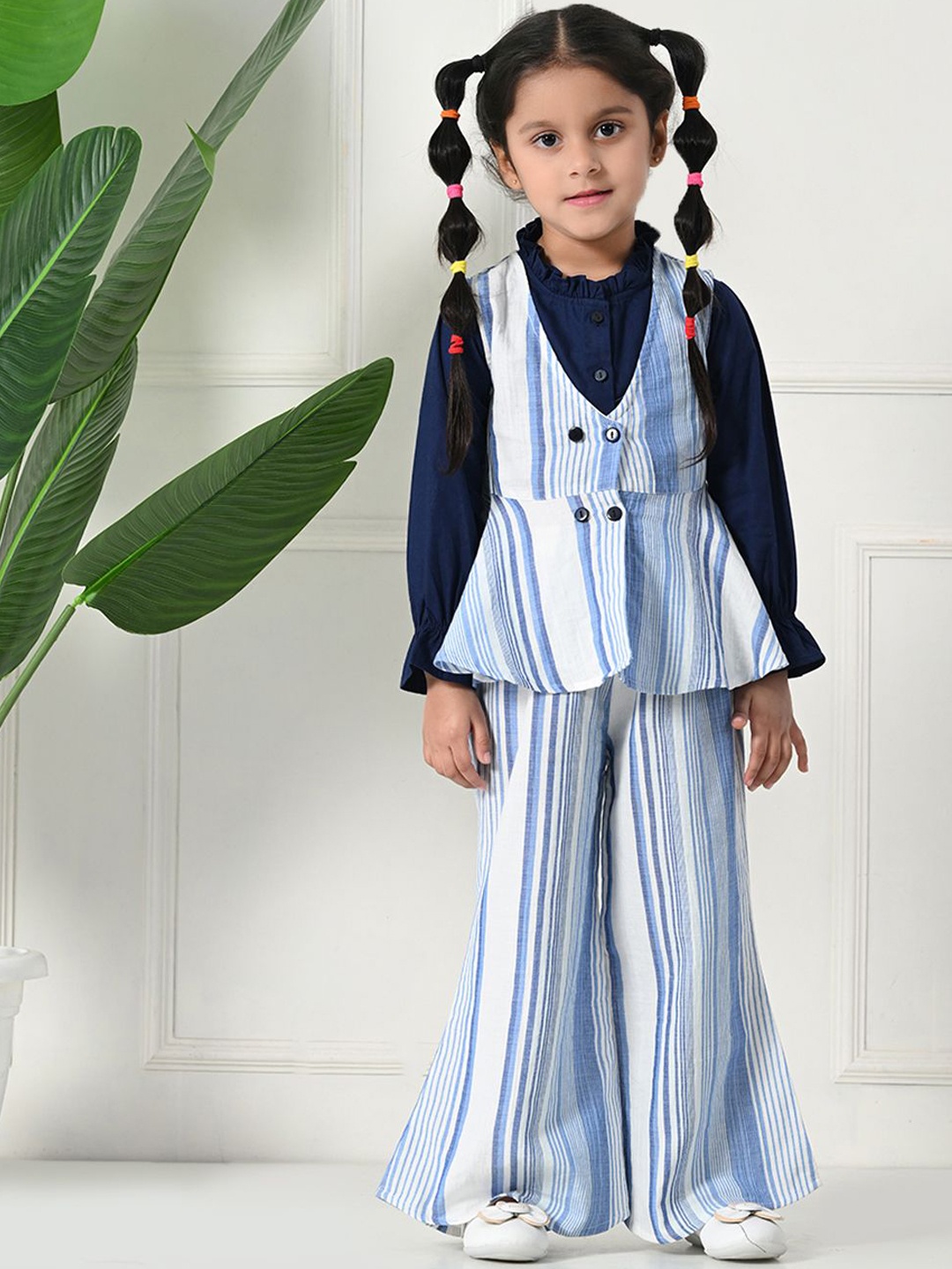 

BAESD Girls Striped Round Neck Pure Cotton Top With Trousers, Blue
