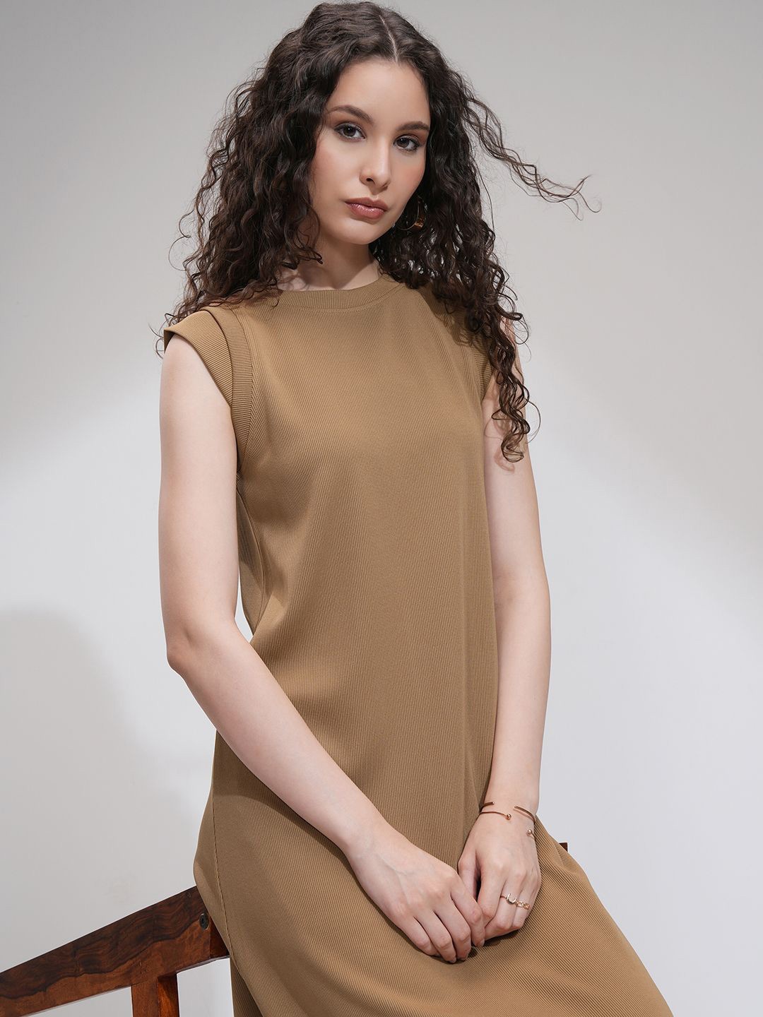 

Tokyo Talkies Women Solid Fit And Flare Midi Dress, Beige