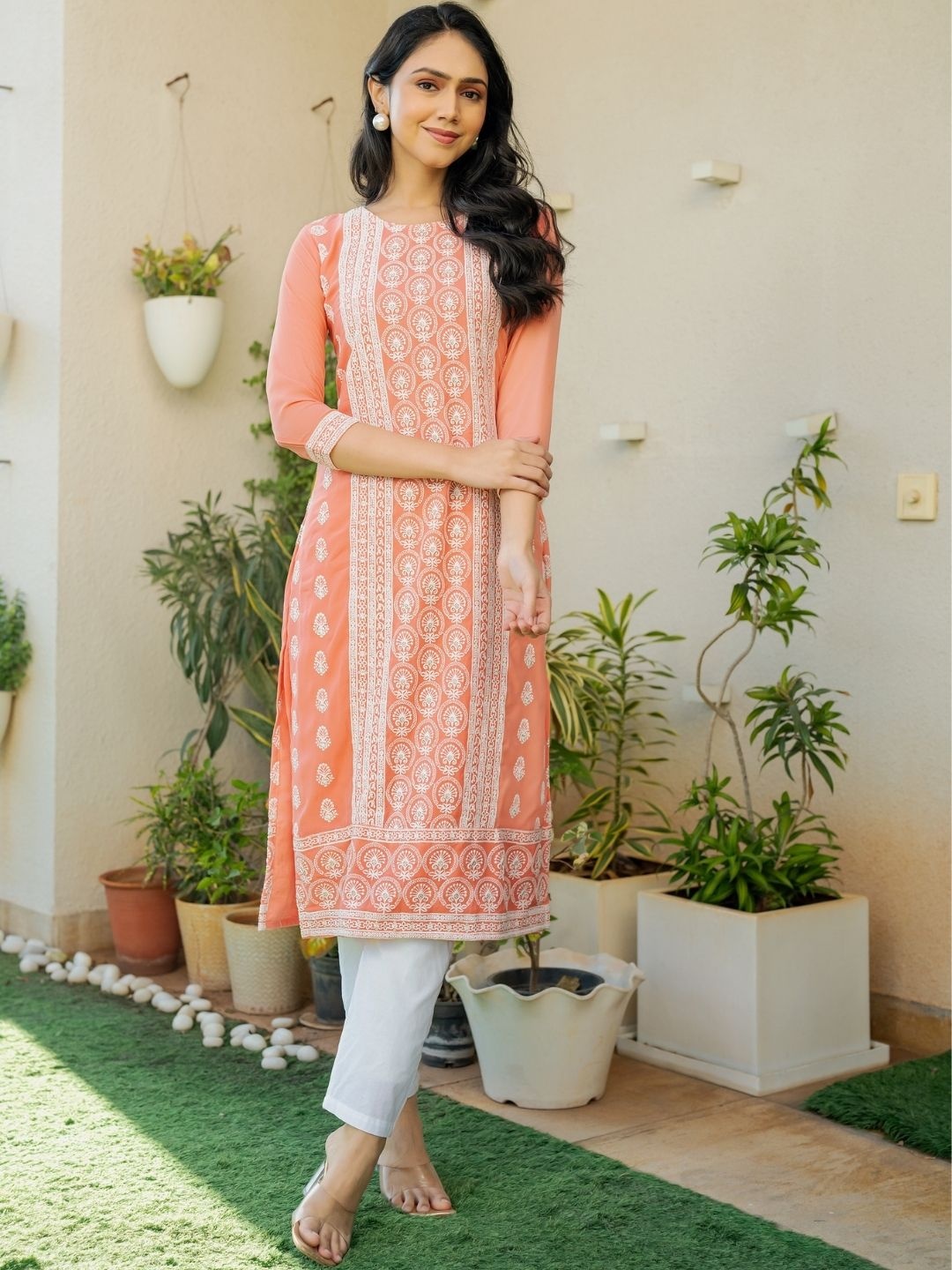 

PRETTY PALLU Women Floral Embroidered Regular Chikankari Kurta with Trousers, Peach