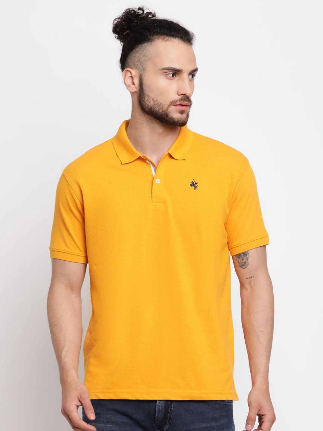 

Cantabil Men Solid Polo Collar Cotton T-shirt, Mustard