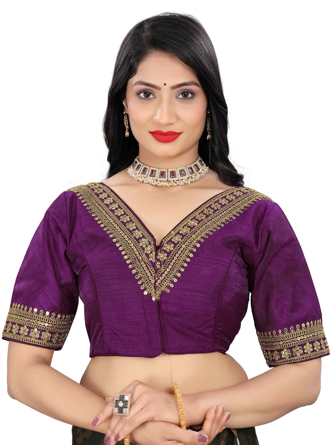 

HERE&NOW Embroidered V Neck Saree Blouse, Purple