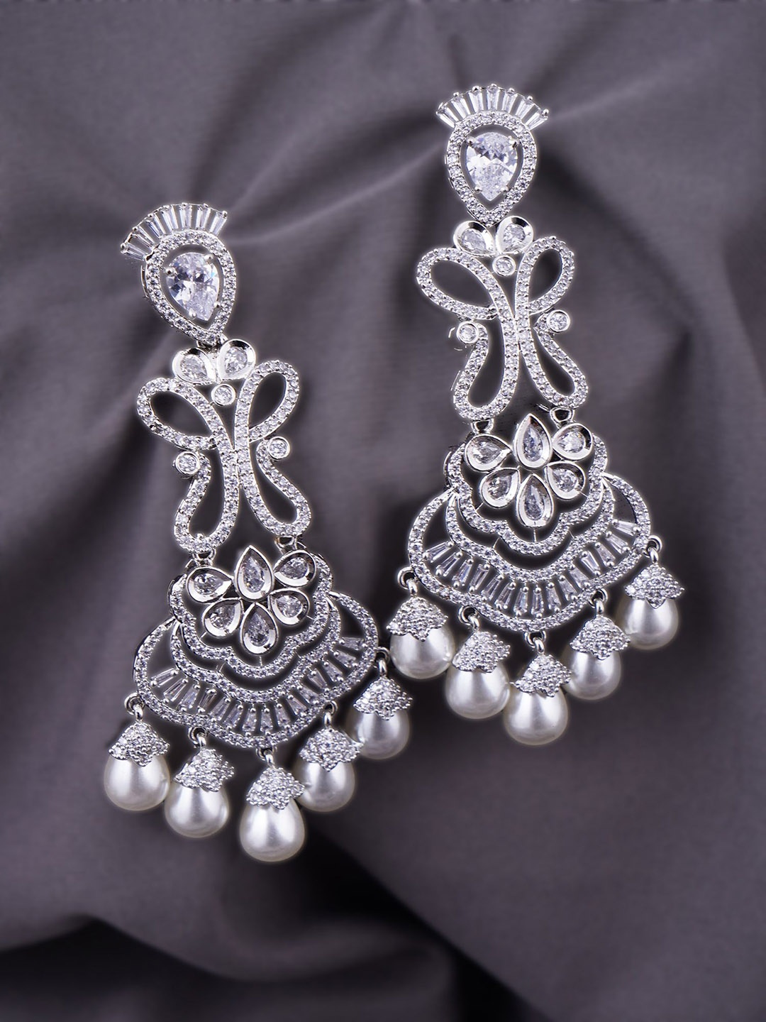 

Adwitiya Collection Rhodium-Plated American Diamond Studded Floral Shaped Drop Earrings, Silver