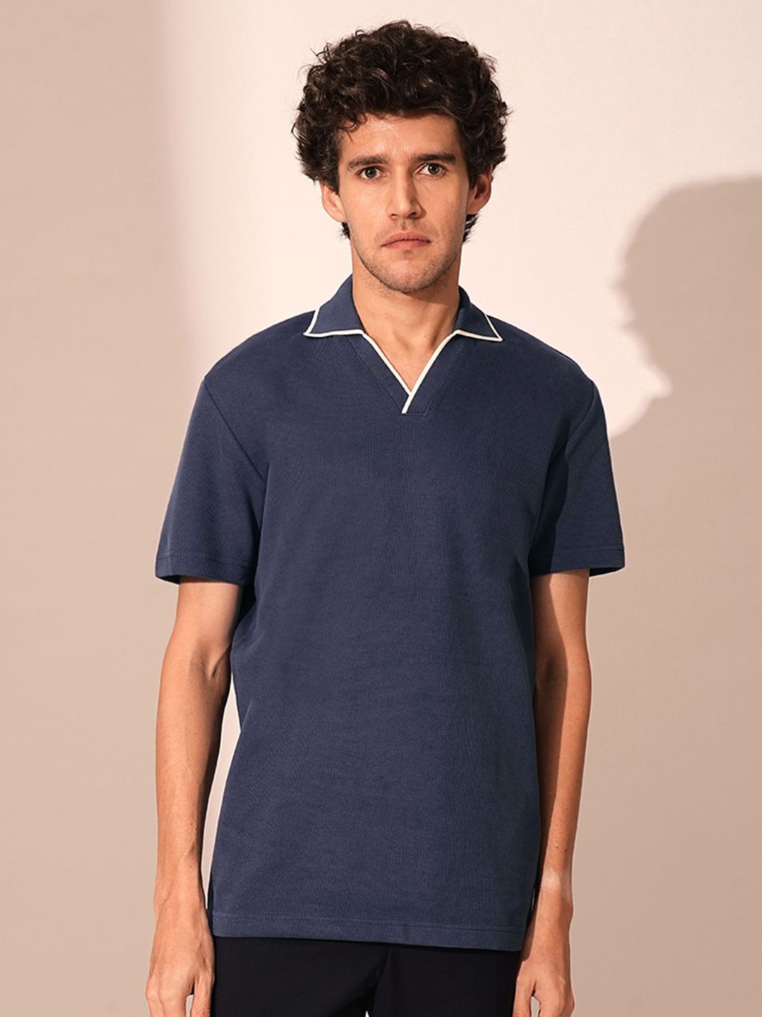 

SELECTED Men Solid Polo Collar Cotton Relaxed Fit T-shirt, Navy blue