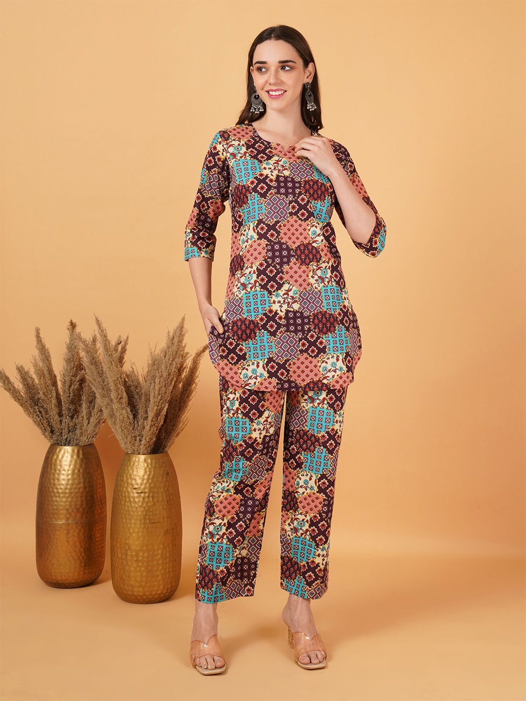 

FebQ Printed Notch Neck Tunic With Trousers, Maroon
