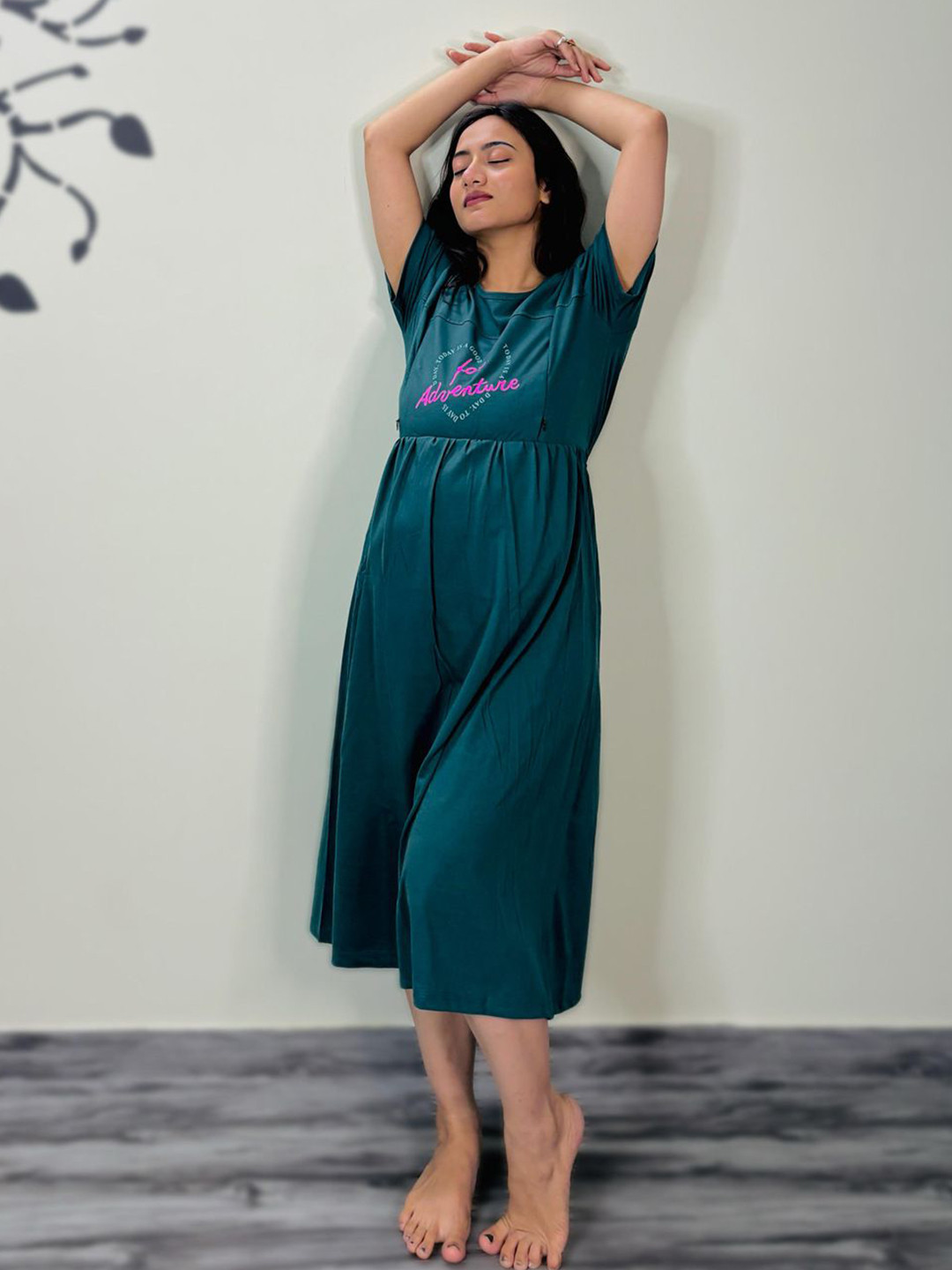 

SWEET MOON Typography Printed Cotton Maternity Nightdress, Green