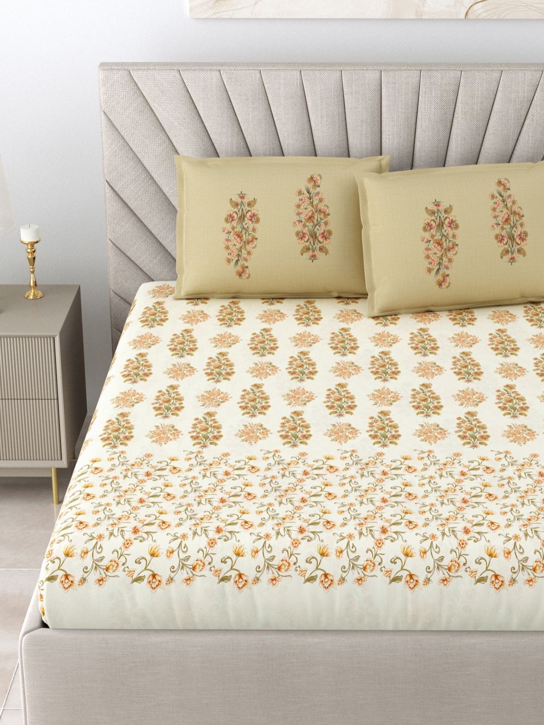 

Myntra Elegant Homes Mohar Cream Printed Cotton 180 TC King Bedsheet Set 2.74 m X 2.74 m