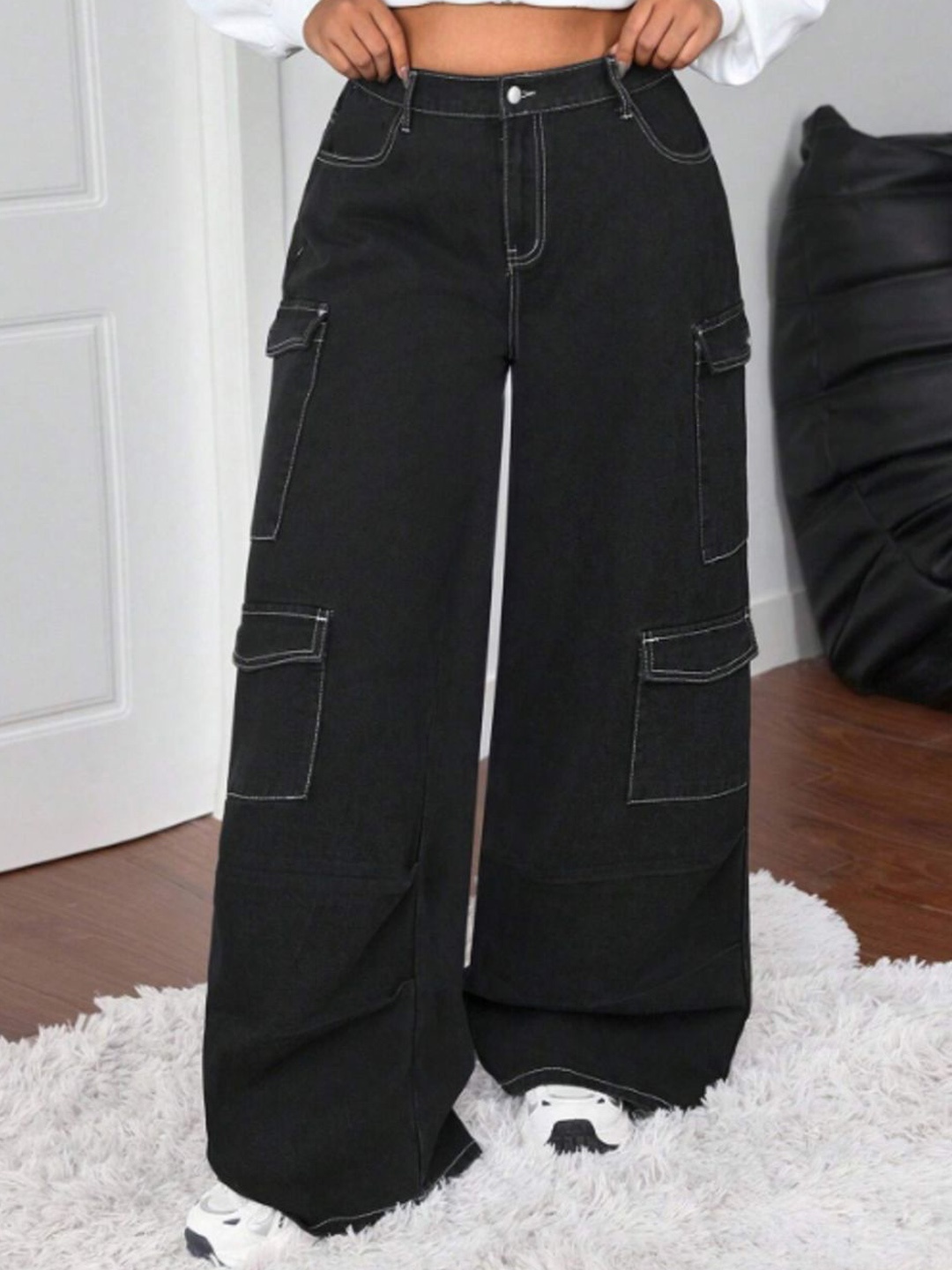 

Lahaba Women Loose Wide Leg Stretchable Jeans, Black