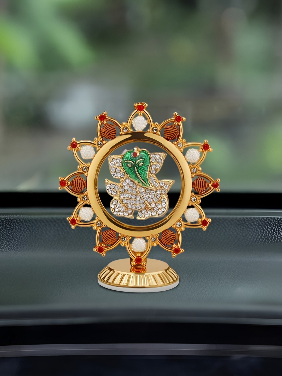 

INTERNATIONAL GIFT Lord Ganesha Idol in Round Shape for Car Dashboard, Gold