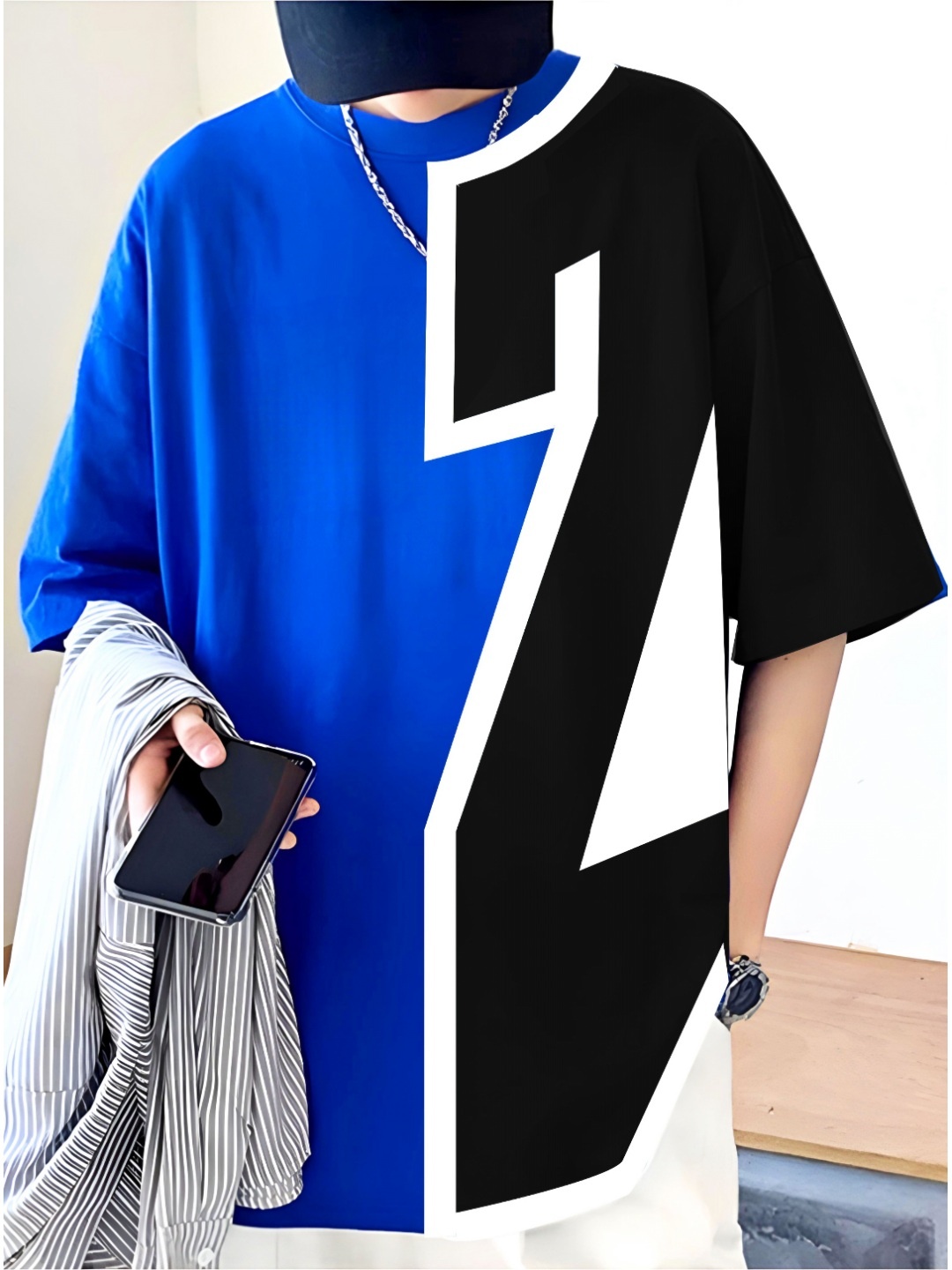 

ZEN1 FASHION Men Abzorb Colourblocked Round Neck Cotton Oversized T-shirt, Blue