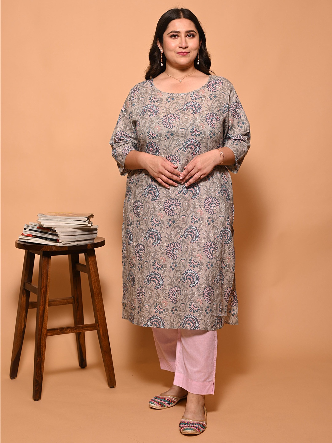 

GATIM Plus Size Floral Printed Round Neck Pure Cotton Straight Kurta, Beige