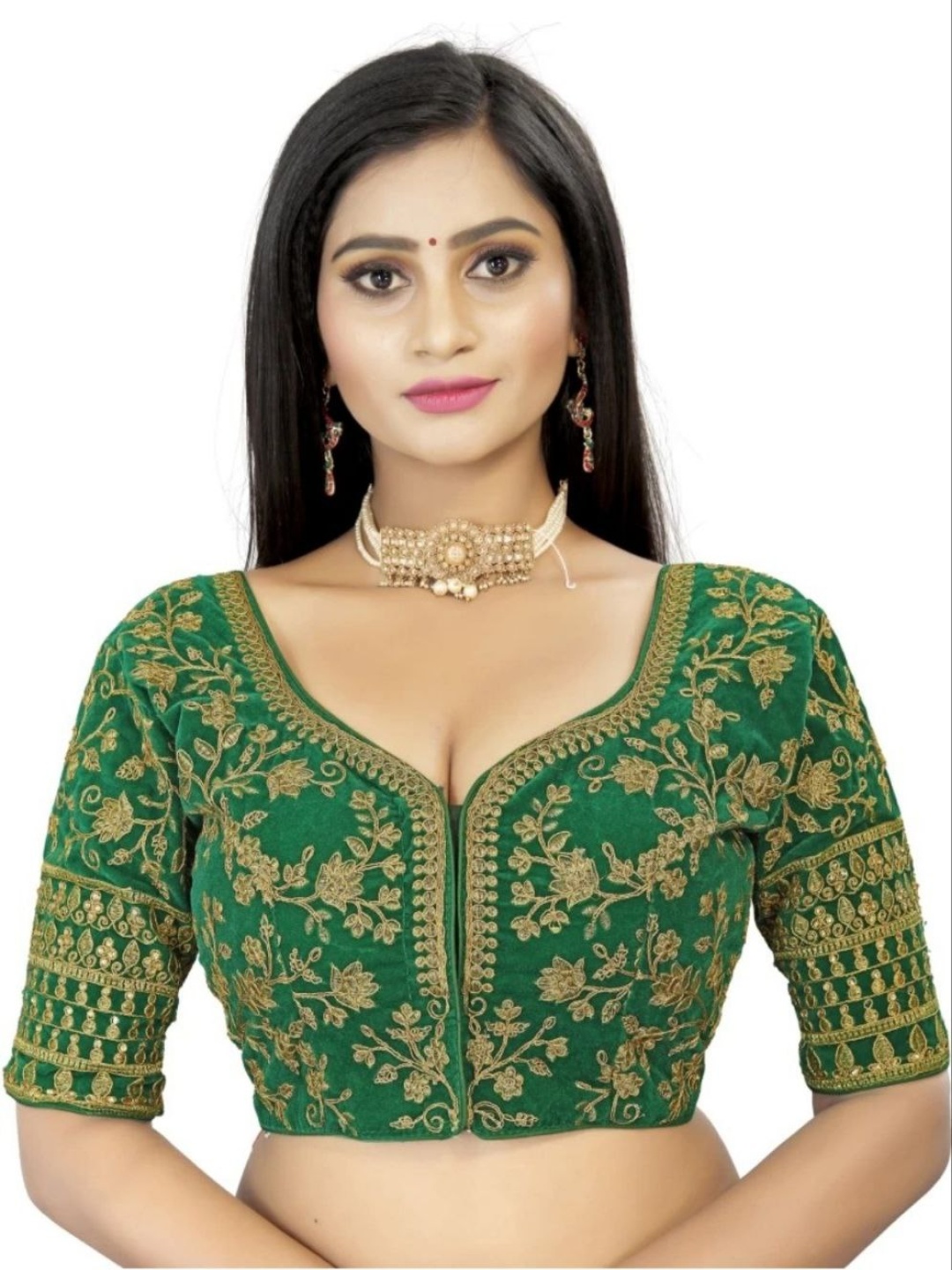 

HERE&NOW Embroidered V Neck Saree Blouse, Green