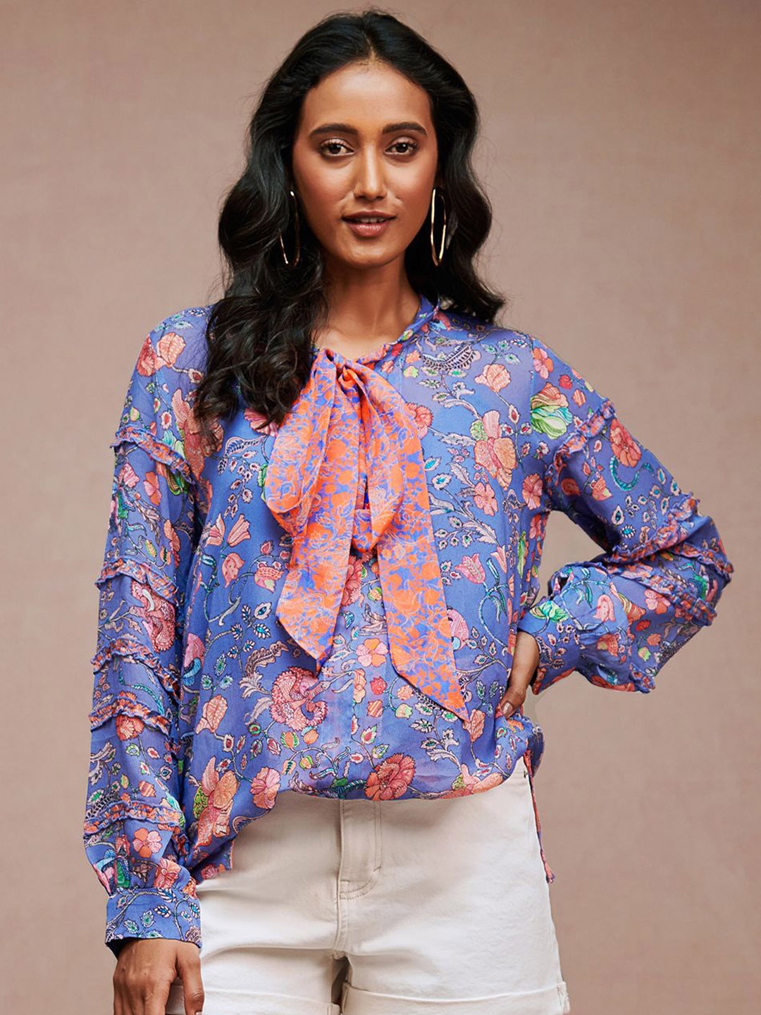 

SAUNDH Floral Print Tie-Up Neck Georgette Blouson Top, Blue