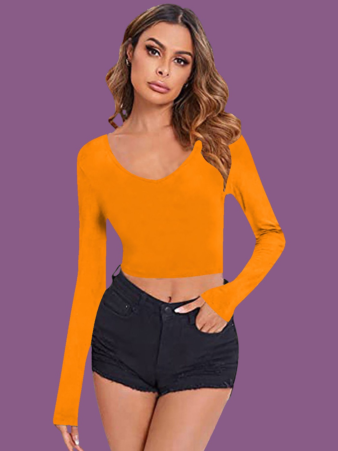 

Dream Beauty Fashion Women Scoop Neck Long Sleeve Crop Fitted Top, Orange